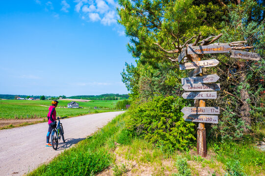 Woman cyclist on road with direction signs in Udziejki village , Suwalki Landscape Park, Podlasie, Poland