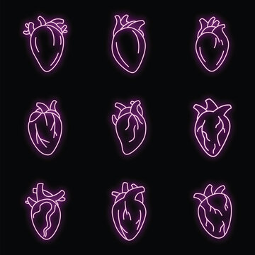 Biology human heart icons set. Outline set of biology human heart vector icons neon color on black