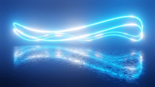 Neon curved rings spin. Neon Design 4K video with various neon elements and a reflecting floor. Looped 3d render. Glowing Neon: 4K with colorful geometric shapes and a mirror effect - Powered by Adobe