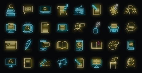 Storyteller icons set. Outline set of storyteller vector icons neon color on black