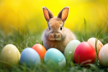 Cute Easter rabbit with decorated eggs and spring flowers on green spring landscape. Little bunny in the meadow. Happy Easter greeting card, banner, border	