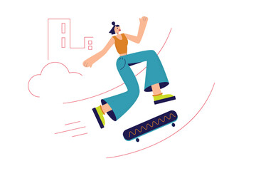Girl on skateboard, Urban Culture, Lifestyle, Sport Stunts and Tricks on Skateboards. Cartoon People Vector Illustration