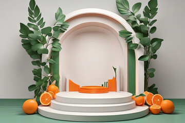 Set of red and white 3D orange background with products podium arch shape and green lea - obrazy, fototapety, plakaty