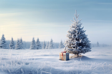 Beautiful christmas tree with present boxes in a winter landscape with snow