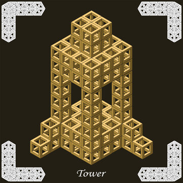 Isometric tower made of modular elements. Dark background, stylized frame. Vector illustration
