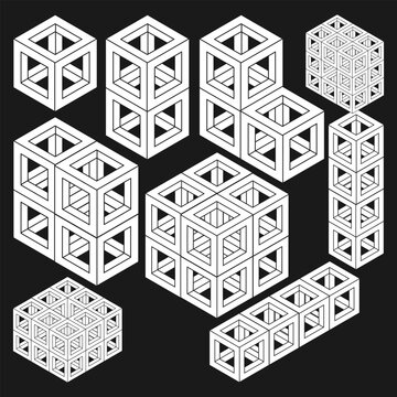 Nine isometric objects created from one module. Set of vector images