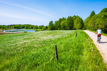 Woman cyclist riding on gravel road during spring in Suwalki Landscape Park, Podlasie, Poland - Powered by Adobe
