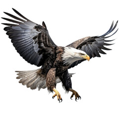 a Bald eagle in-flight, 3/4/side view, isolated and transparent PNG in a Nature-themed, photorealistic illustration. Generative ai