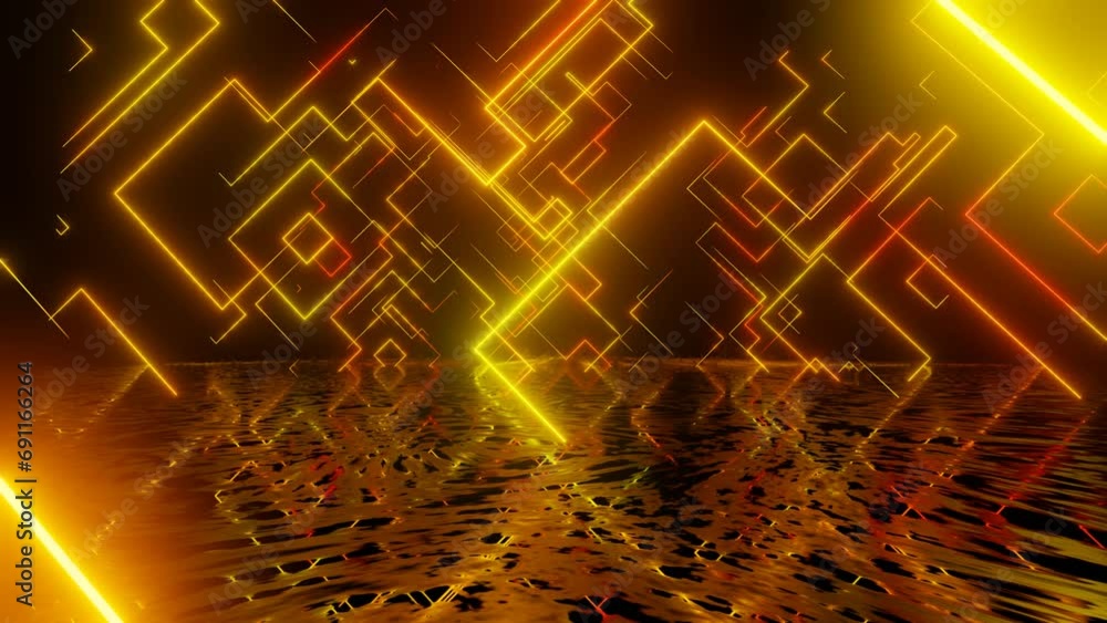 Poster neon design yellow orange pattern. 4k video with various neon elements and a reflecting floor. loope