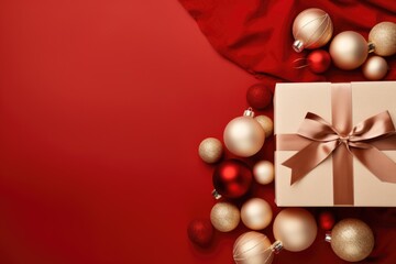 Festive wrapped gift boxes tied with ribbon and star isolated on red background. New Year, Christmas and holidays greeting card, frame, banner with copy space. Flat lay