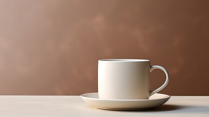  a white coffee cup sitting on top of a saucer on top of a white plate on top of a white counter top next to a brown and tan wall.