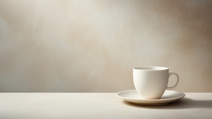  a white coffee cup sitting on top of a saucer on top of a white table next to a white plate with a spoon in front of the coffee cup.