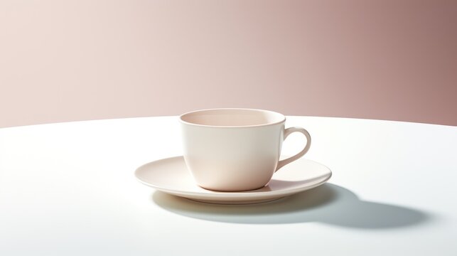  a white coffee cup sitting on top of a saucer on top of a white saucer on a white table with a light pink wall in the background behind it.
