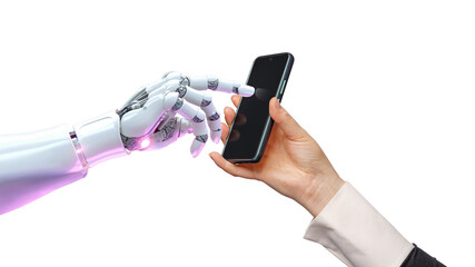  White cyborg robotic hand pointing his finger to a smartphone - 3D rendering isolated on free PNG background. AI programming learning concept. - Powered by Adobe