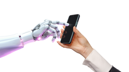  White cyborg robotic hand pointing his finger to a smartphone - 3D rendering isolated on free PNG background. AI programming learning concept.