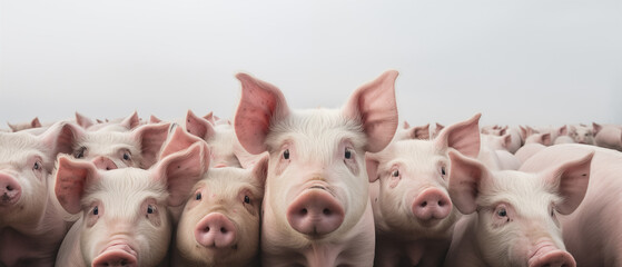 A close-up view of a group of pigs crowded together. 