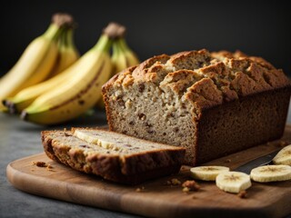 Fresh banana bread on grey background
