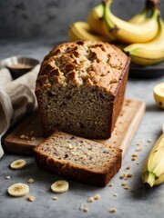 Fresh banana bread on grey background