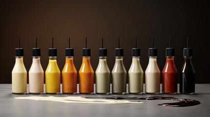  a row of bottles of different types of condiments next to a whisk of melted chocolate on a table with a chocolate saucer next to it. - obrazy, fototapety, plakaty