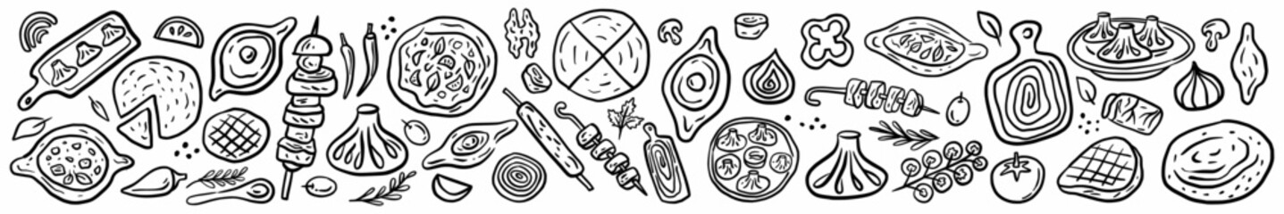 Horizontal vector collection of traditional Georgian cuisine dishes: shashlik, khinkali, khachapuri, wine, flatbreads. The illustration is hand drawn in doodle style.