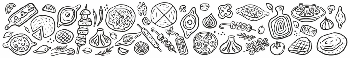 Horizontal vector collection of traditional Georgian cuisine dishes: shashlik, khinkali, khachapuri, wine, flatbreads. The illustration is hand drawn in doodle style.	
