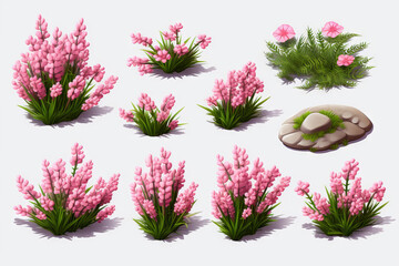 Game assets of pink flower bushes and features 3d cartoon clipart isolated on white transparent background - obrazy, fototapety, plakaty