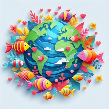 Colorful Fishes Love World Paper art style created with generative ai
