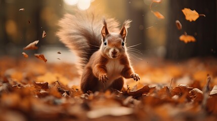 A cute squirrel is playing with dried maple leaves in a park during the daytime.