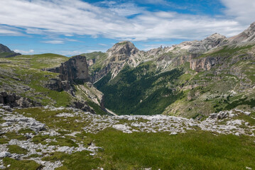 panoramic and scenic view of the wonderful Dolomite mountains and valleys in summer