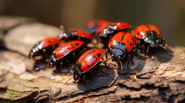 A group of firebugs are present on a wooden log