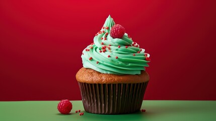  a cupcake with green frosting and raspberries on a green surface with a red wall in the background and a raspberry in the foreground.