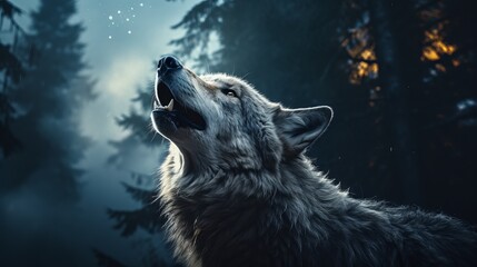 A wolf heads up and howls in the forest during the full moon.