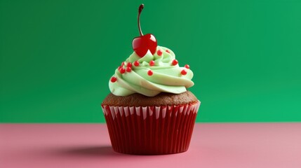  a cupcake with white frosting and a cherry on top with a cherry on the top of the cupcake, on a pink surface with a green background.