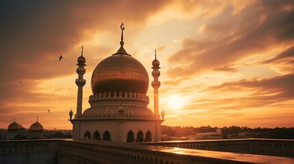 At sunset, the dome of putra mosque in malaysia can be seen.