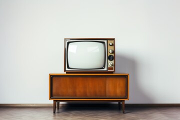 Antique television, on vintage furniture and white background