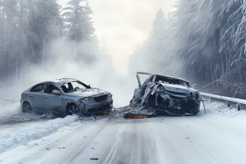 Winter crash aftermath: A damaged car on a snowy road, illustrating the risks and challenges of icy conditions. - obrazy, fototapety, plakaty