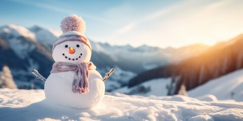 Obraz premium Winter enchantment: A cheerful snowman in a snowy landscape, spreading joy and holiday magic in a festive scene.