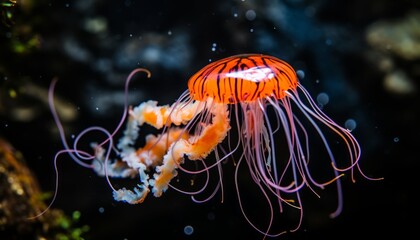 Obraz premium Stunning orange bell jellyfish gracefully floating in the serene and translucent waters of the ocean