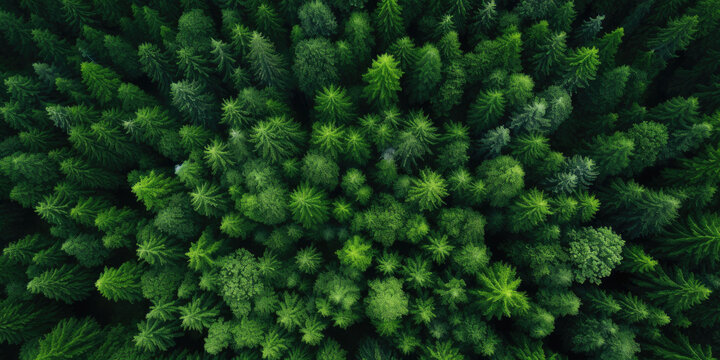An aerial view of a vibrant and lush green forest, highlighting the natural beauty, textures, and patterns of the landscape during the summer season. © Andrii Zastrozhnov