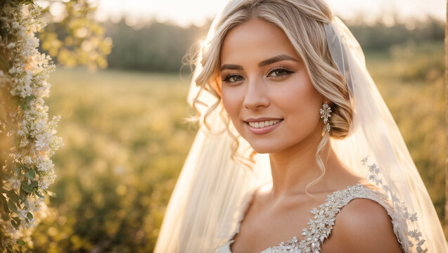 Portrait of a beautiful bride with flowers in nature