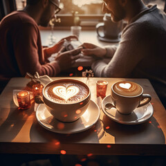 Obraz na płótnie Canvas Two men on a coffee date with latte heart art