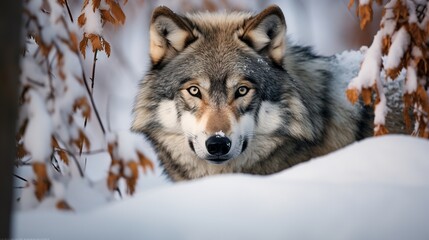 The european wolf can be seen in its white winter habitat in a beautiful winter forest with wild animals in the natural environment, and its scientific name is canis lupus lupus. - obrazy, fototapety, plakaty