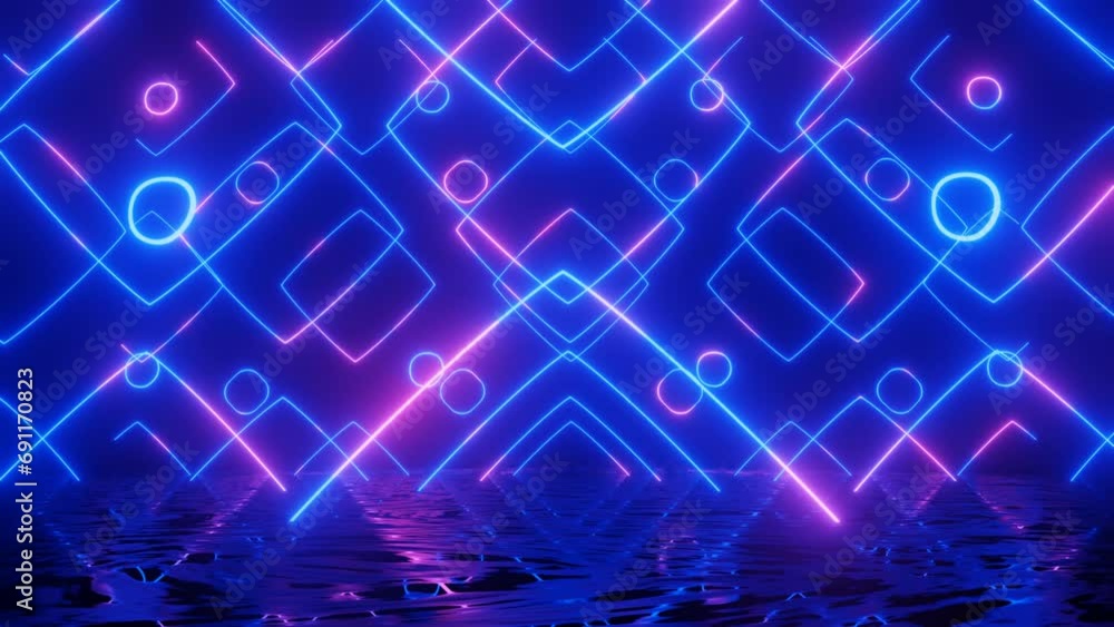 Poster neon design blue purple pattern form wall. 4k video with various neon elements and a reflecting floo