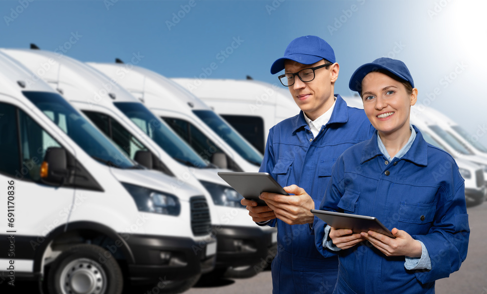 Aufkleber team of managers with a digital tablets on the background of trucks. fleet management