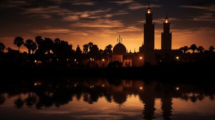 The kotoubia mosque is shining under the crescent moon during a nighttime visit to marrakesh, morocco.