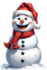 happy snowman with santa hat on white background