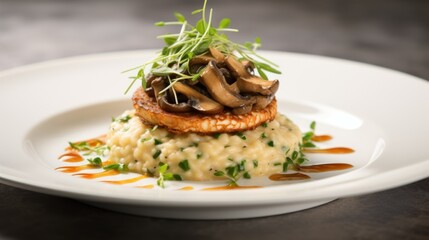  a close up of a plate of food with mushrooms on top of mashed potatoes and garnished with a sprig of green sprig of parsley.