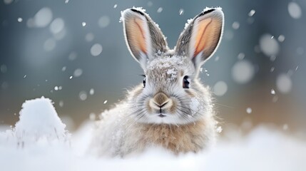 Fototapeta na wymiar This portrait of a fluffy hare sitting in snow is adorable.