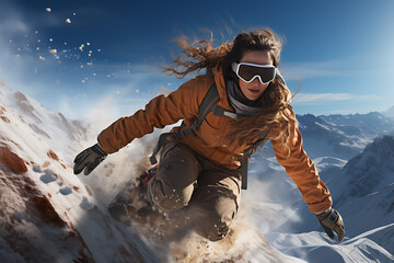 beautiful woman enjoys snowboarding down the mountains, feeling the wind in their hair and conquering snowy peaks - obrazy, fototapety, plakaty