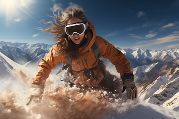 beautiful woman enjoys snowboarding down the mountains, feeling the wind in their hair and conquering snowy peaks - obrazy, fototapety, plakaty